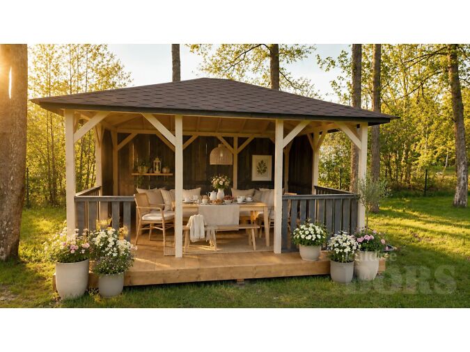4 × 4,5 M PUIDUST AIAPAVILJON / PERGOLA – PÕRANDA, KATUSE JA KINNISE TAGASEINAGA